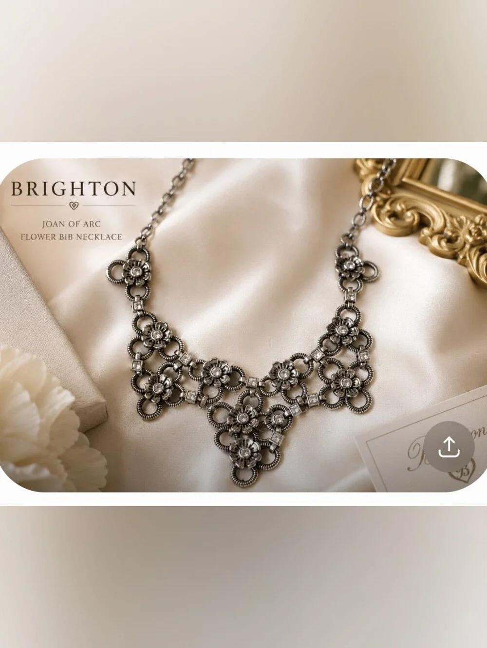 Brighton Joan of Arc Flower Crystal Bib Statement Necklace Silver Tone